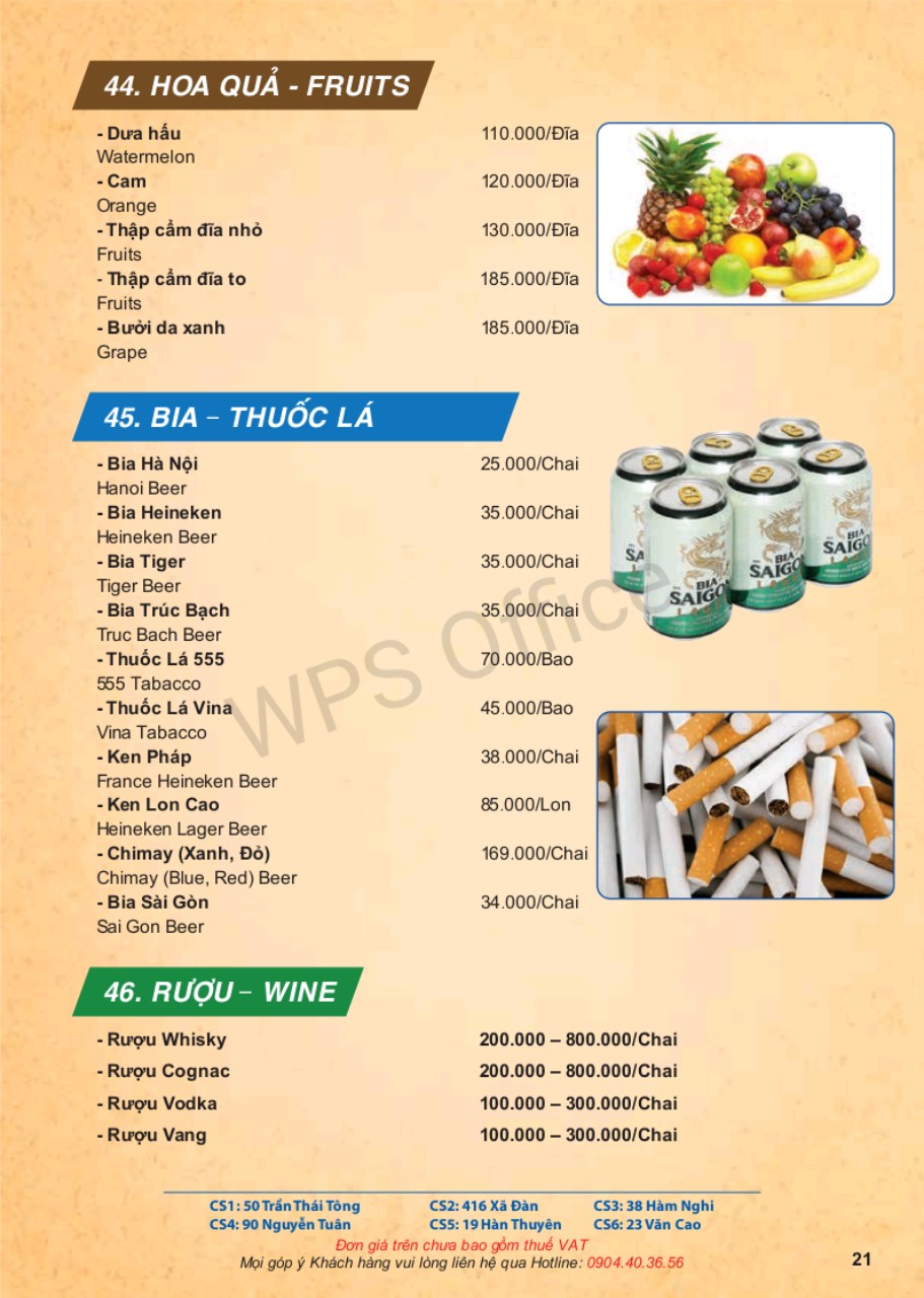 Menu bia thuốc lá - rượu