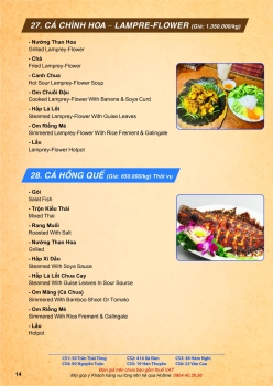 Menu cá chình hoa, cá hồng quế