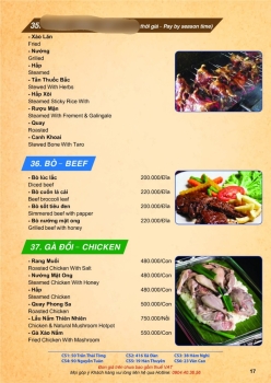 Menu bò, gà đồi