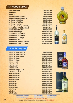 Menu rượu vodka