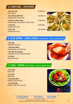 Menu con hàu, ghẹ sống, cua